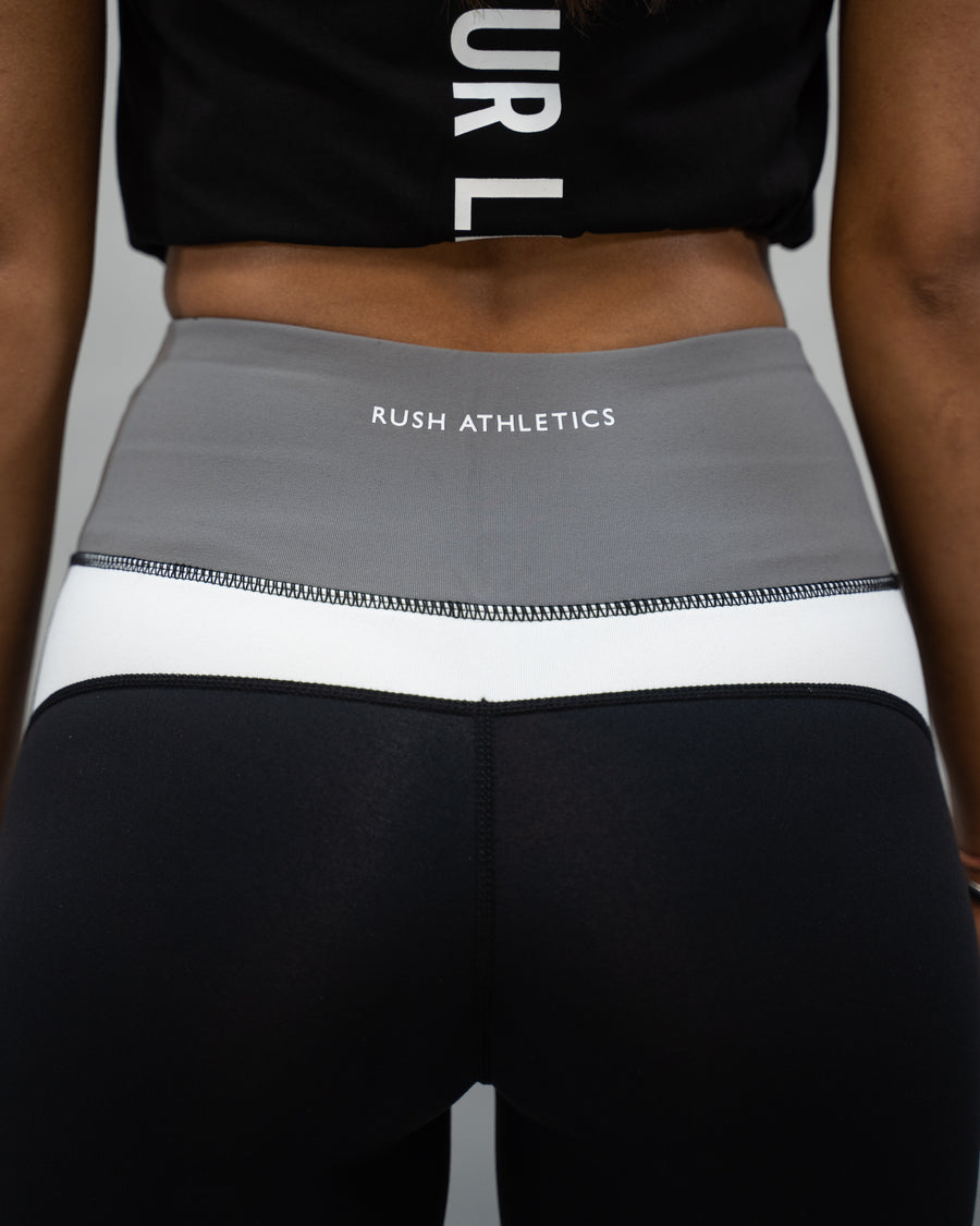 WOMENS HIGH-WAISTED PANELLED LEGGINGS | BLACK, GREY & WHITE